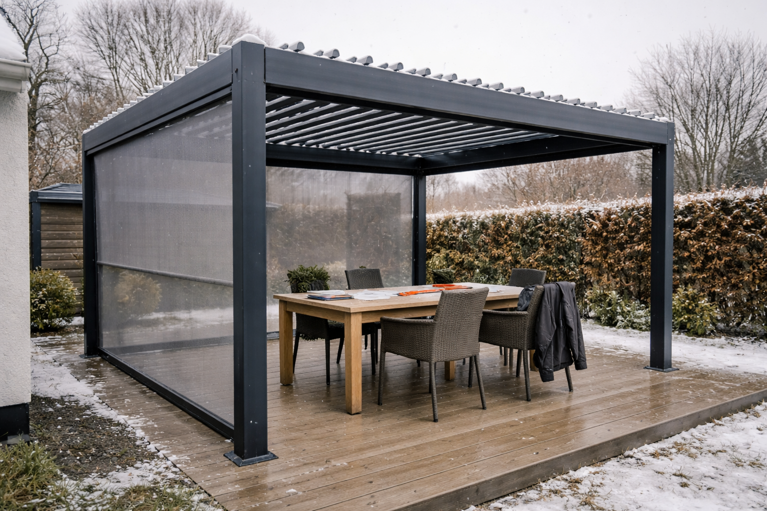 Bioklimatisk lamelpergola: Sådan forstår du vind, sne og garanti i praksis