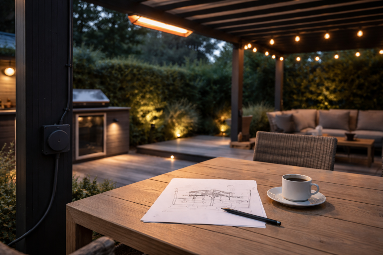 El til pergola og terrasse: sådan planlægger du stikkontakter, lys og varme uden bøvl