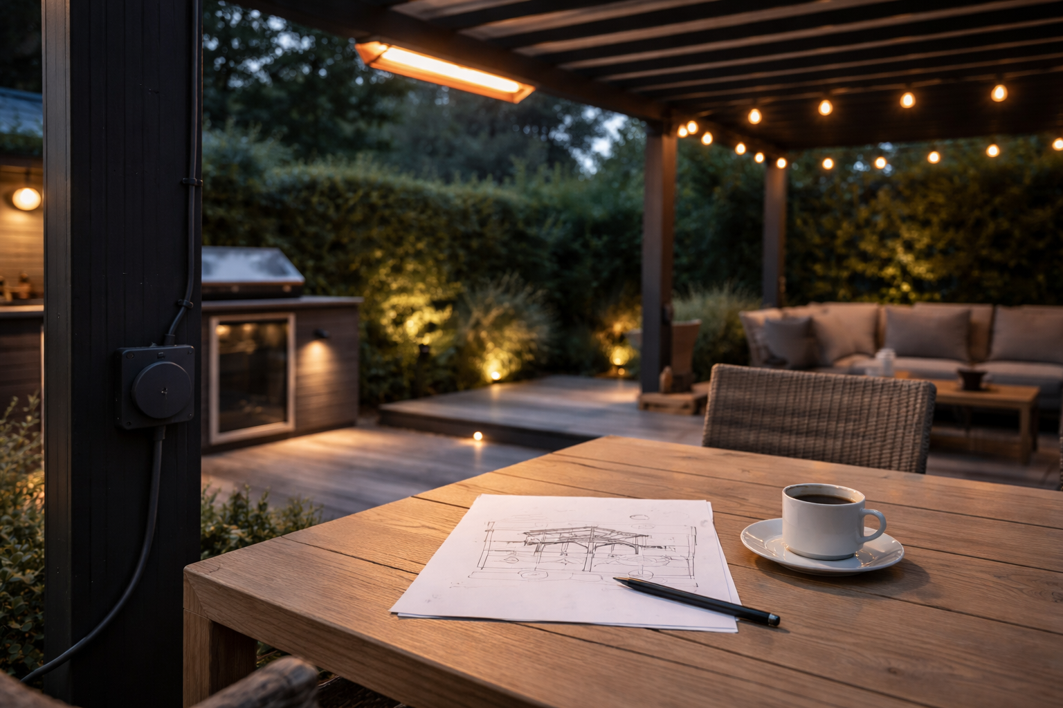 El til pergola og terrasse: sådan planlægger du stikkontakter, lys og varme uden bøvl