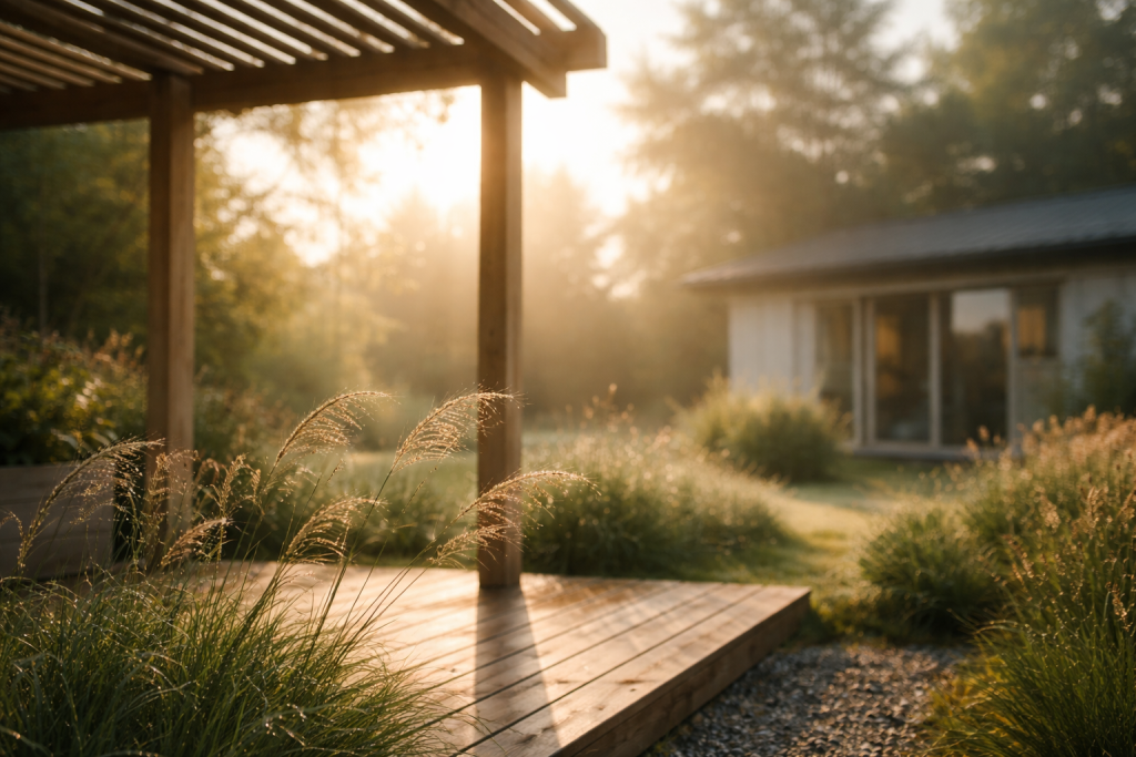 [light] Mission/values-billede: Stemningsfuldt morgenlys over en have med en enkel pergola og fokus på ro, balance og forbindelsen mellem hus og have.