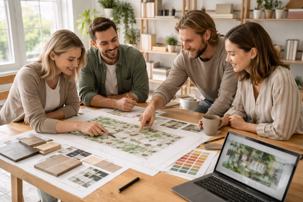 [light] "Om os"-sektion: Et lille, uformelt team af danske eller nordiske fagpersoner, som arbejder sammen om have- og uderumsprojekter ved et bord med skitser, materialeprøver og laptop.