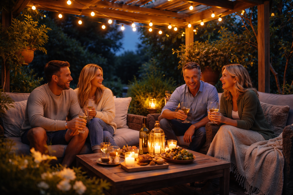 [dark] Stemningsbillede: Familie eller par, der nyder en hyggelig sommeraften under en pergola med lys, tæpper og afslappet stemning – fokus på livsstil og hygge.