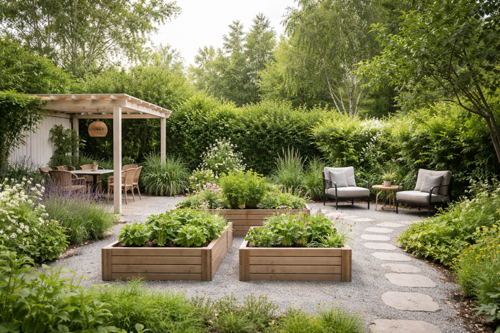 [light] Standard blog-header: Varieret have- og terrassemiljø med flere elementer som pergola, plantekasser og siddepladser – neutralt men inspirerende som generisk header.