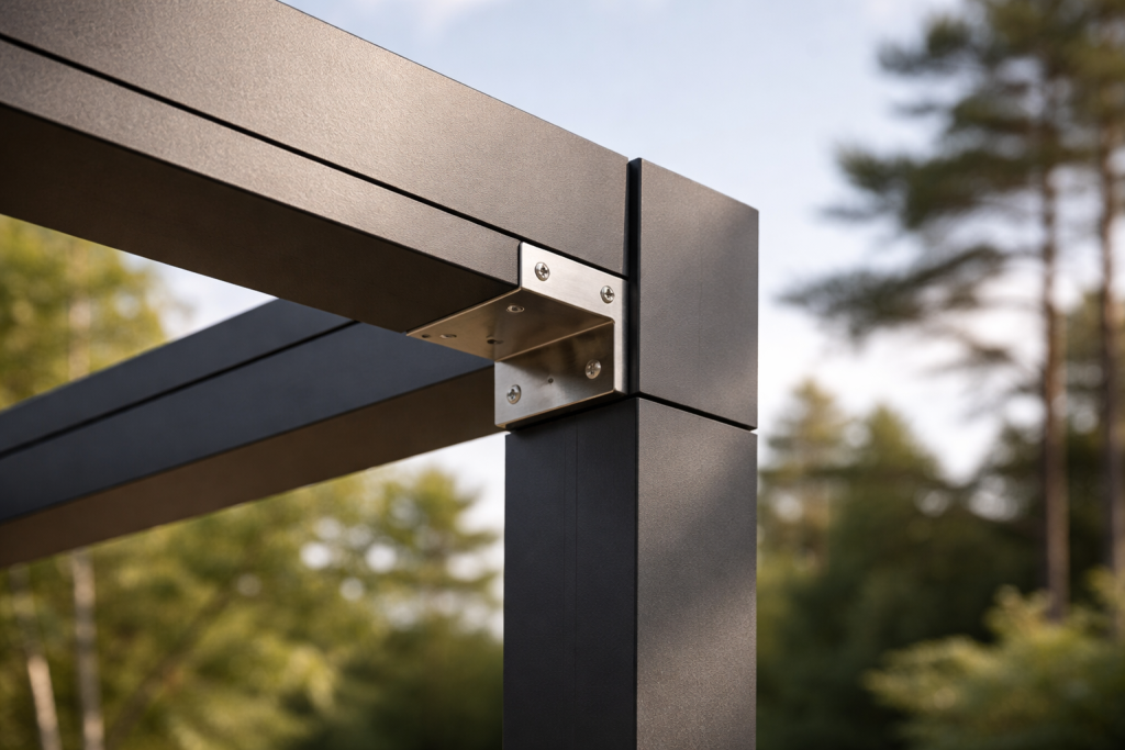 [light] Detaljebillede: Nærbillede af pergola-detaljer som samlinger, skruer eller materialeovergange, der viser kvalitet og håndværk.