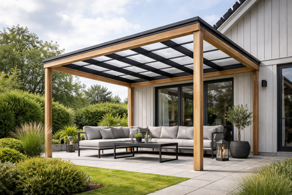 [light] Servicesection: Fokus på pergola over terrasse – en klar, informativ vinkel hvor man tydeligt ser konstruktion, tag og opholdsareal under pergolaen.