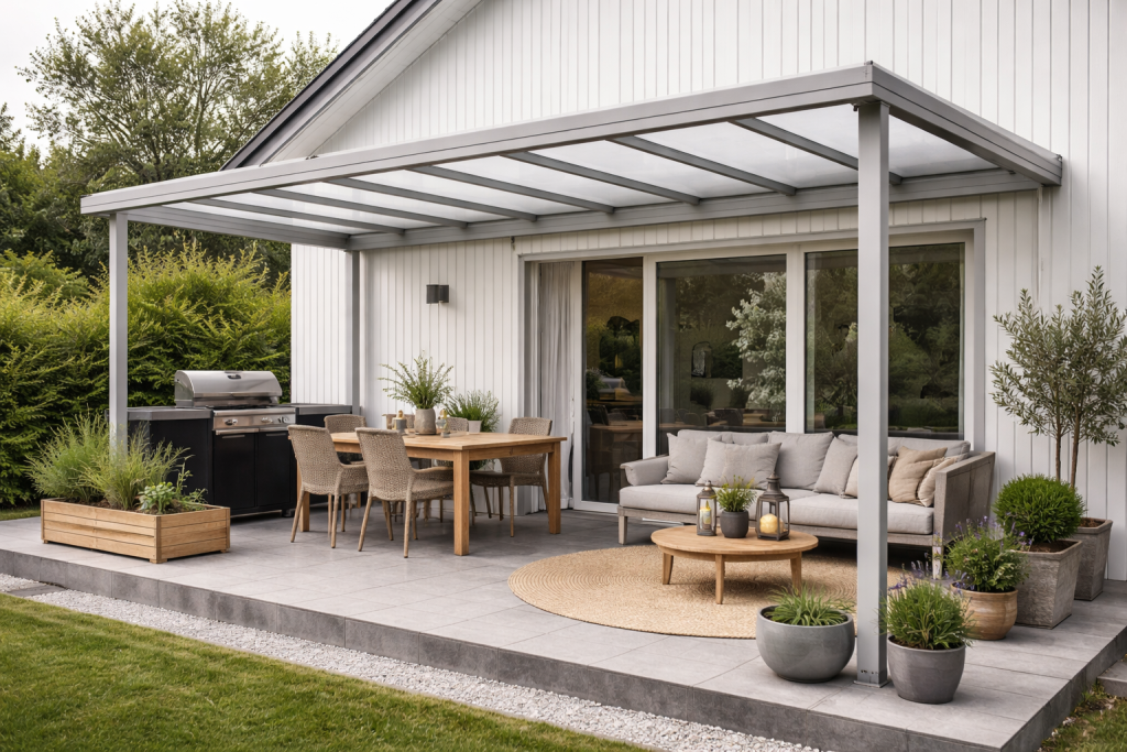 [light] Servicesection: Terrasseoverdækning tæt på huset, hvor fokus er på beskyttelse mod vejr, integreret i husets arkitektur og skaber et praktisk uderum.