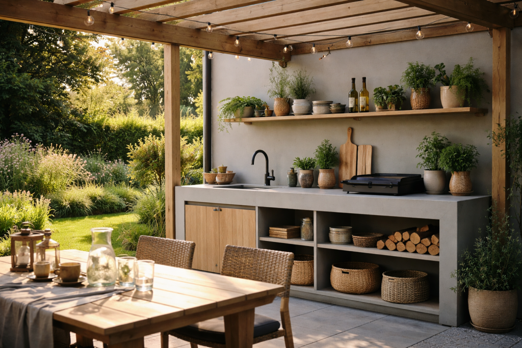 [light] Servicesection: Inspirerende udekøkken under eller ved siden af en pergola, der viser funktionalitet, hygge og madlavning udendørs.