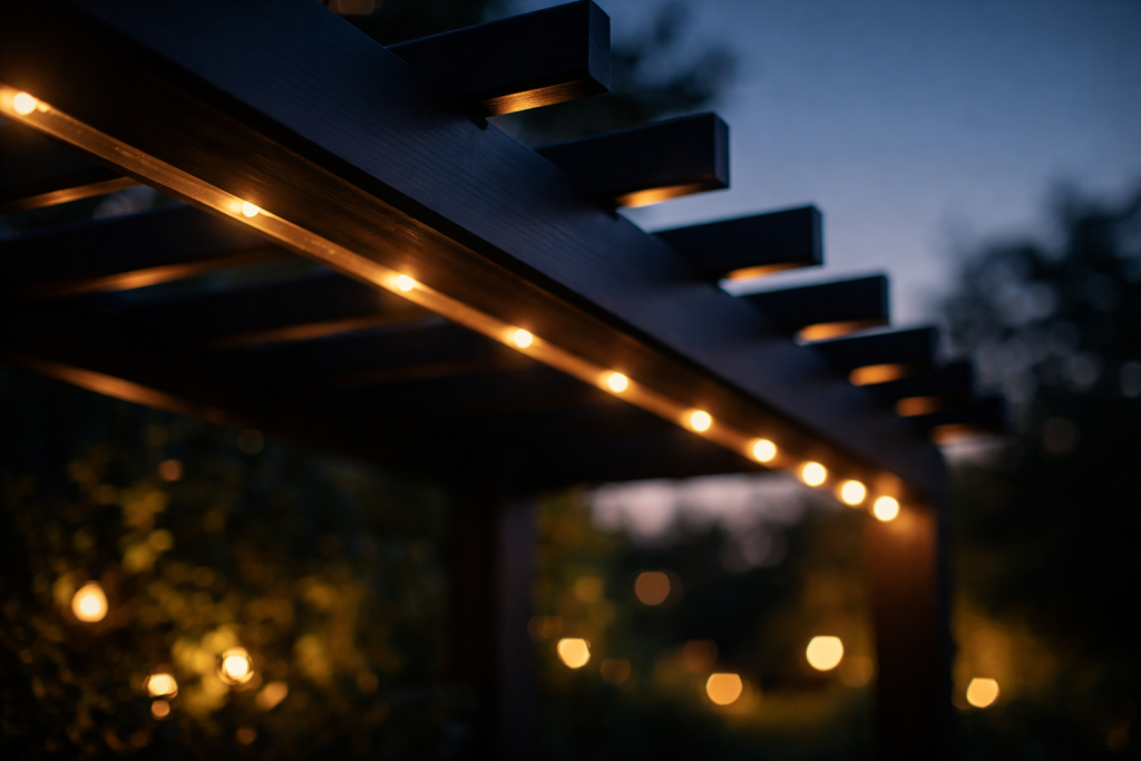 [dark] Baggrund til kundeudtalelser: Mørkere, stemningsfuldt udsnit af en pergola med lysgluheder om aftenen, der giver rolig og eksklusiv baggrund for tekst.