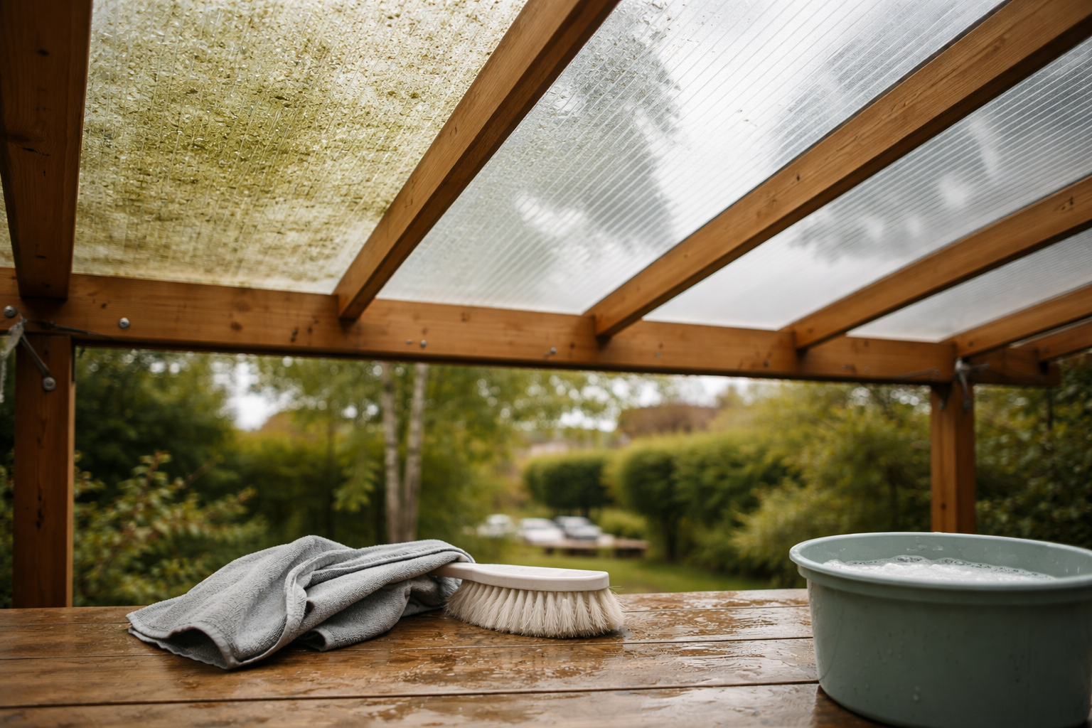 Grønne alger på terrasseoverdækning? Sådan får du klart tag igen uden skader