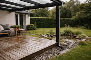 Hvor skal regnvandet fra terrasseoverdækningen hen? Sådan vælger du løsning uden fugtproblemer