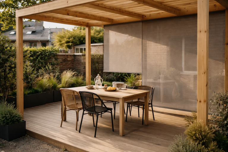 Screens, glas eller lameller? Sådan får du læ i pergolaen uden at lave en mørk kasse