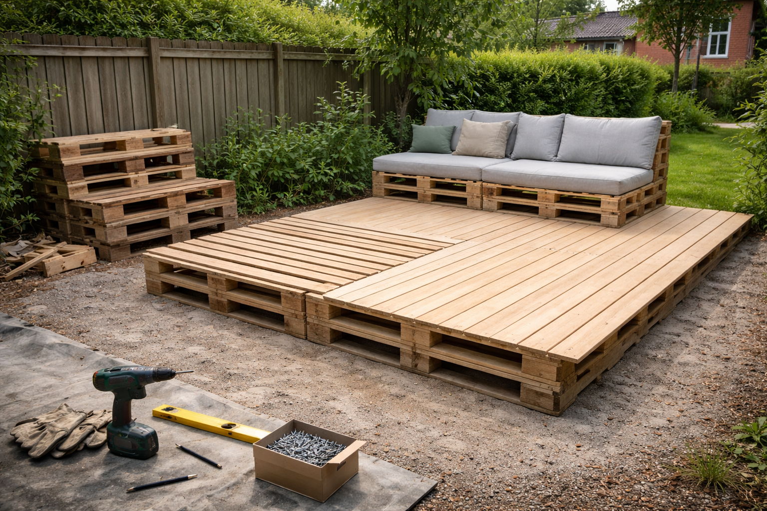 Byg terrasse med møbler af paller: pris, paller, underlag og trin-for-trin guide