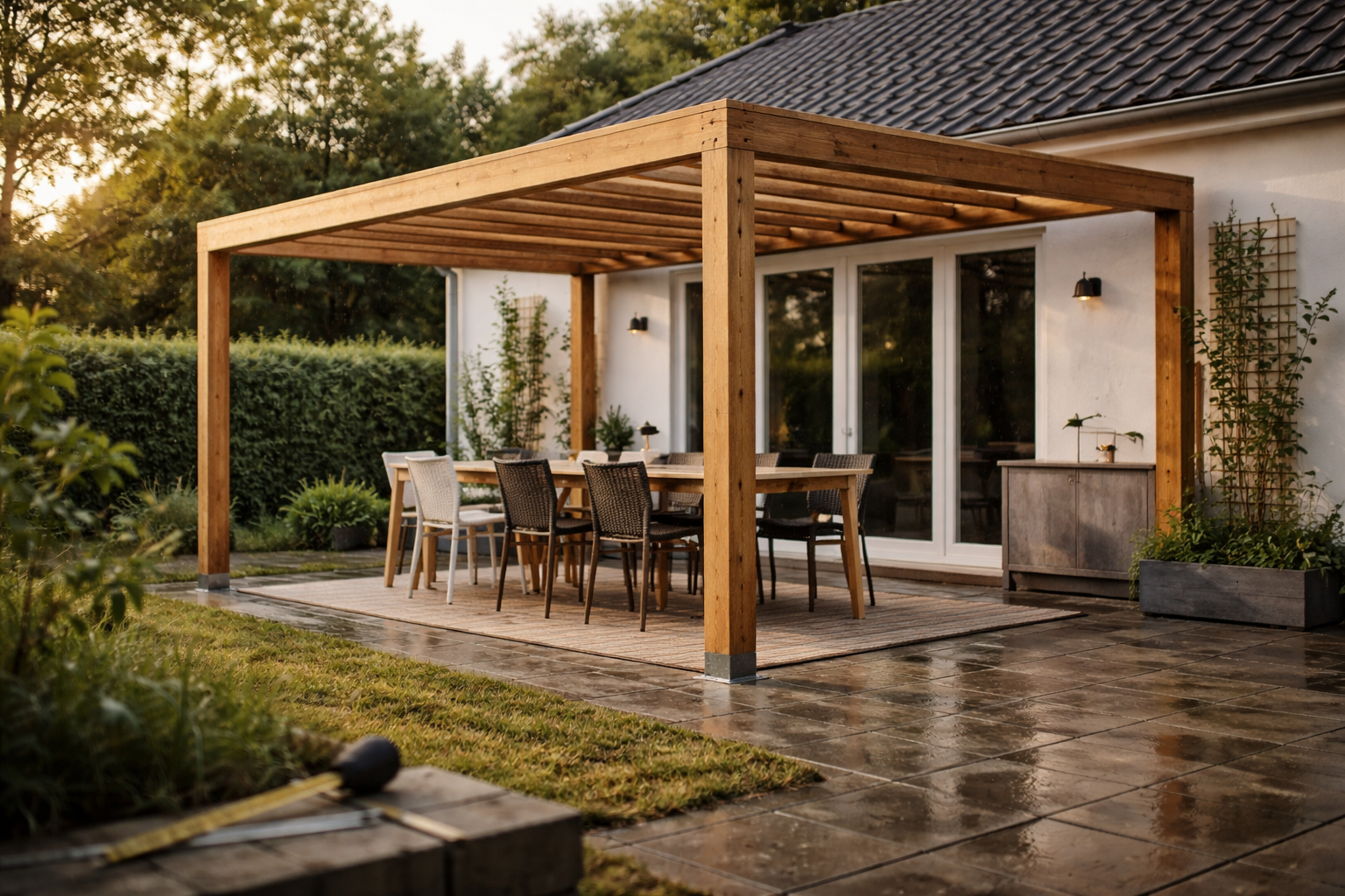 Pergola på mål: sådan vælger du mål, materialer, fundament og pris